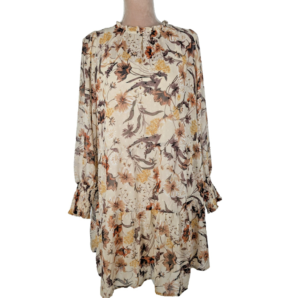 Avara Tiered Sheer Midi Dress Sz Medium Floral Beige Woodsy Whimsy